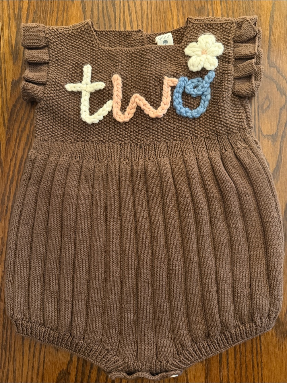 Quinn Brown Knit Baby Romper with 'Two' Appliqué and Flower